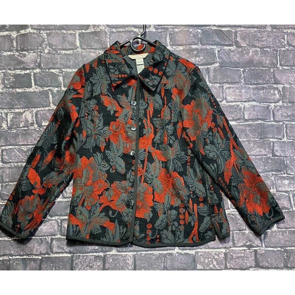 TanJay Womens 8 Black Floral‎ Tapestry Jacquard Button Front Jacket Artsy Boho